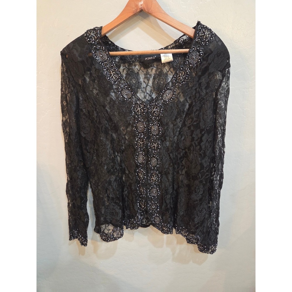 Ashro Vintage Black Lace Beaded Blouse Sheer Floral V-Neck Shoulder Pads Size 18